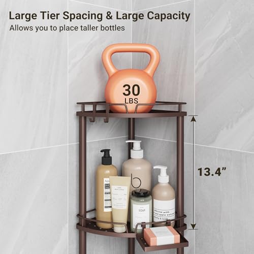 ELYKEN Corner Shower Caddy Standing, 3 Tier Rustproof Metal Shower Organizer with Soap Holder, Floor Shower Corner Shelf Rack Storage Stands with Adjustable Feet & 2 Hooks for Bathroom, Bronze - color: Bronze, size: 3 Tier