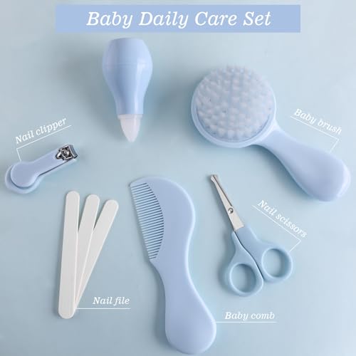 Baby Grooming Kit 6 - Piece Set in Storage Bag(Blue) - Soft Brush, Comb, Nail Clippers, Nasal Aspirator, Safety Scissors & File for Newborn/Toddler Care - color: Blue
