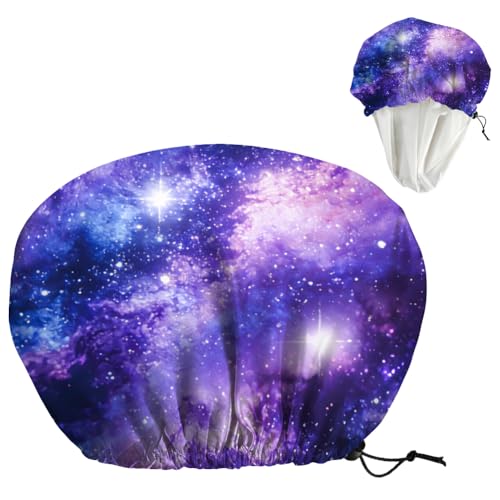 Starry Sky Reusable Shower Cap Milky Way Double Layer Waterproof Shower Caps Large Elastic Hair Cover Adjustable Hair - Drying Caps for Woman Man Bath SPA Travel One Size Fits Most - color: Starry Sky