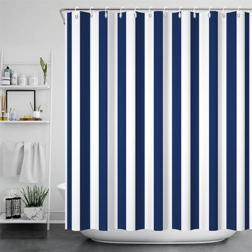 Navy Blue Striped Shower Curtain Sets Decor Blue and White Vertical Stripes Decor Modern Fashion Minimalist Bathroom Curtain for Home Bathtub Stall Decoration Hooks Included,60x72inch - color: Navy Blue, size: 60"W x 72"L (Pack of 1)