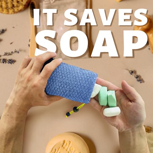 MIG4U Exfoliating Soap Bag for Shower 2 Pieces - Bar Soap Saver Pouch, Bamboo Body Scrubber Exfoliator Pocket in Travel Bathing, Blue - style: 1 exfoliation level - Blue