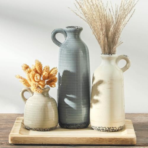Ceramic Vases Set of 3, Neutral Rustic Farmhouse Vase with Handle, Decorative Flower Vases Home Decor Modern Boho Pampass Vase for Table Mantel Entryway Shelf Living Room Kitchen Bathroom - Ocean - color: 010 Vase Set - Ocean