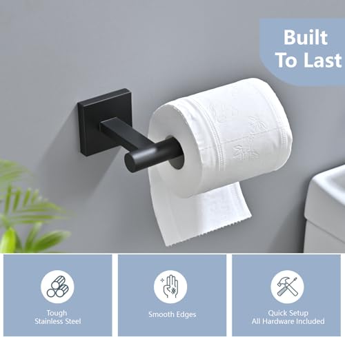 Matte Black Toilet Paper Holder Wall Mount with 2 Towel Hooks, 3 Piece Bathroom Hardware Set, SUS304 Stainless Steel Roll Holder and Robe Hooks for Bathroom, RV, Kitchen - color: Matte Black