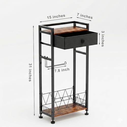 Freestanding Toilet Paper Holder Stand with Storage Drawer, Narrow Bathroom Shelf, Spare Roll Basket, 4-Way Install Paper Arm, Space-Saving Rack for Apartments & RVs (Brown)
