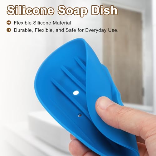 uxcell 3Pcs Small Soap Dish, Silicone Bathroom Soap Holder Oval Shape Bar Soap Dish Self-Draining Soap Tray with Holes for Shower, Bathroom, Kitchen, Counter Top (Blue) - color: Blue