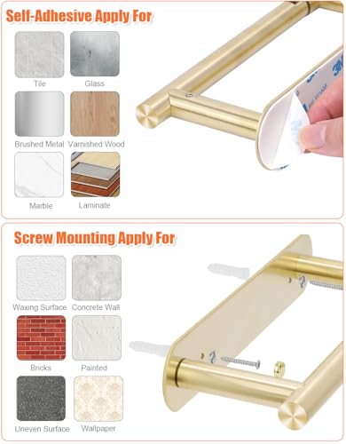 YUET Toilet Roll Holder, Self Adhesive or Screw in Wall Mounted Options, Double Post Pivoting Tissue Roll Holder, Stainless Steel Rustproof Stick On No Drilling Wall Mount for Bathroom, Brushed Gold - color: Gold-pivoting