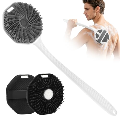 Back Scrubber for Shower 2 Pack, Silicone Scrub Brush with Long Handle & Unique Soft Body Scrubber, Detachable Body Brush Shower Lather Well Deep Clean Exfoliating for Women Men Sensitive Skin Bl&Gy - color: Black+grey Flock