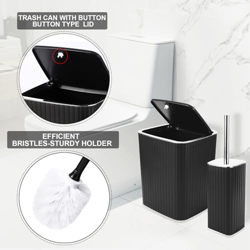 XLHOMO Bathroom Set with Shower Curtain and Rugs- 25PC Bathroom Accessory Set, Black Bathroom Set, Toilet Brush, Trash Can, Qtip Holder & Soap Dispenser - size: Bath Set+Shower Curtain+Rugs, style: Black&Silver