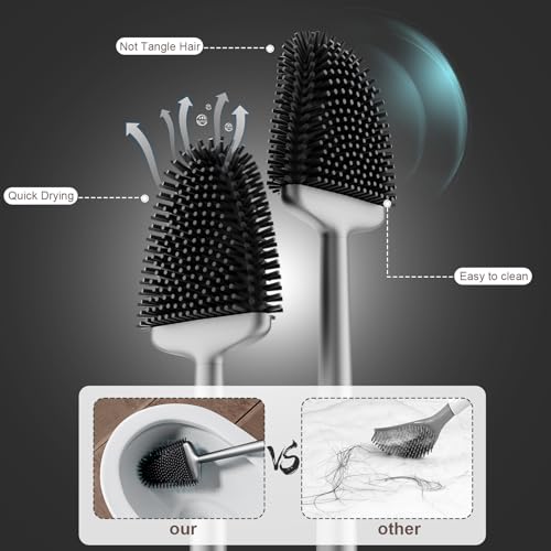 Sellemer Toilet Brush and Holder Set - Flexible Toilet Bowl Brush Head with Silicone Bristles, Compact Size for Storage and Organization, Ventilation Slots Base (1 Pack, Silver) - color: Silver-1pcs