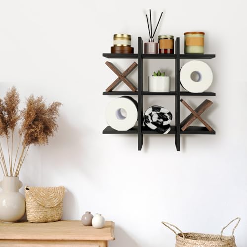 Weysat Tic Tac Toe Toilet Paper Holder Stand Bathroom Wall Decor Rustic Wooden Hanging Storage Freestanding Wall Mounted Shelves Decor for Toilet Tissue Farmhouse - color: Black, Dark Brown