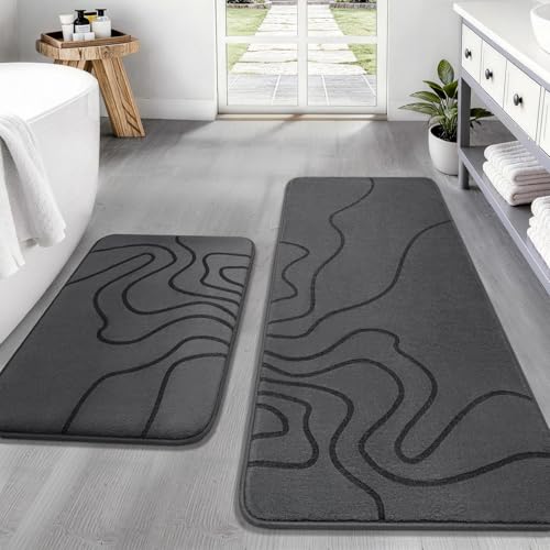 YIHOUSE Memory Foam Bathroom Rugs Sets 2 Piece - Extra Thick Ultra Soft Absorbent Bath Mat Set, Non-Slip Machine Washable Bath Rugs for Bathroom, Tub & Shower, Home Decor (17"x24"+20"x46", Dark Grey) - color: Dark Grey, size: 1'5" x 3'10" (17"x24"+20"x46"