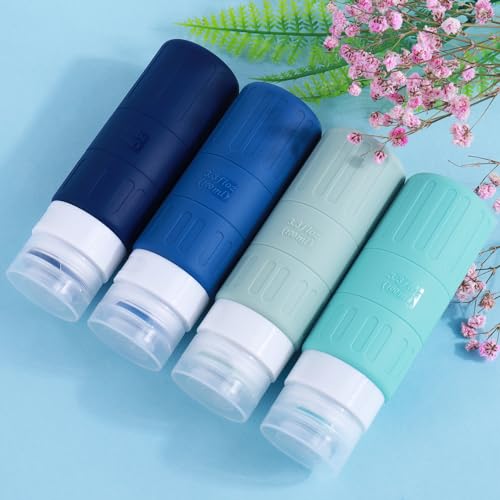 GLAMFIELDS Travel Bottles for Toiletries,TSA Approved 3.3oz Size LeakProof Silicone Toiletry Containers for Shampoo, Conditioner,Easy to Squeeze，Portable Travel Essentials for Lotion(18 Pack) Blue - color: Blue