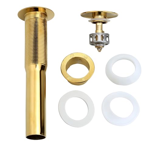 Rockgoya Bathroom Sink Drain, 5 Pack Gold Drain Stopper Bathroom Sink Without Overflow, Pop Up Drain Assembly with Detachable Strainer Basket, Built-in Anti-Clogging Strainer,Stainless Steel - color: Gold-5 Pack, style: Without Overflow