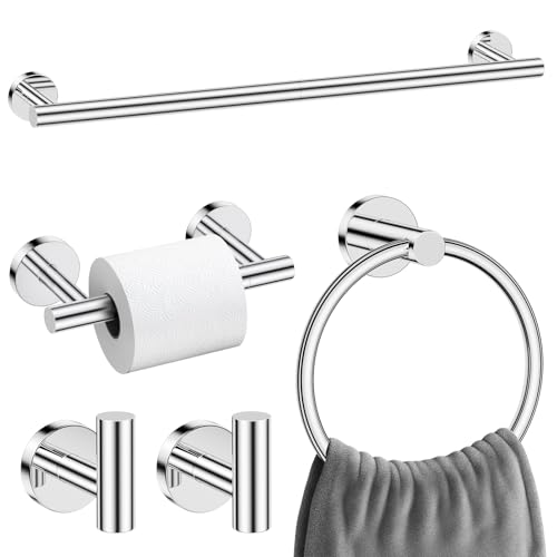 Polished Chrome Towel Bar Bathroom Hardware Accessories Set, 5 Pieces Toilet Paper Holder Towel Racks Set for Bathroom Stainless Steel Wall Mounted 23.6 in - color: Polished Chrome, size: 5 Pieces A