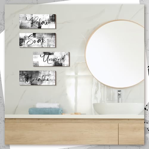 Maitys 4 Pcs Bathroom Wall Decor 10 x 4 Inch Bathroom Wall Art Contemporary Wood Restroom Pictures for Soak Unwind Relax Hanging Sign Spa Rustic Vintage Farmhouse Pediments(Black and White) - color: Black and White