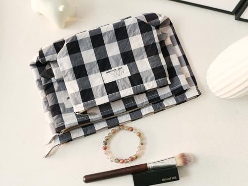 HAPPYHEIDI Large Cotton Black White Checker Makeup Bag with Compartment Cosmetic Toiletry Travel Pouch,Purse Accessory Organizer,Canvas Lined - color: Cotton Checker Large - w Compartment