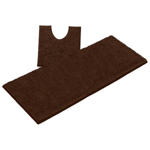 LuxUrux 2-Piece Bathroom Rug Set – Plush Chenille Runner & U-Shaped Toilet Mat, Soft, Absorbent & Non-Slip Design (20x20 U & 27x47 inches, Brown) - color: Brown, size: 2 Piece Set - X Large