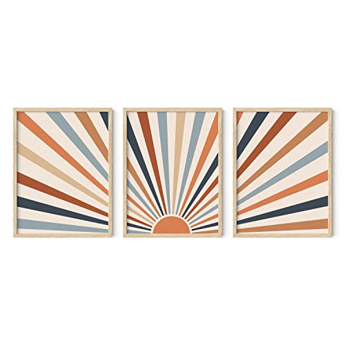HAUS AND HUES Frame Boho Wall Art - Sun Decor for Bedroom, Mid Century Modern Minimalist Art, Geometric Posters with Beige Frame, 12x16 - color: Retro Sun Rays, size: 12"L x 16"W, style: Beige Framed