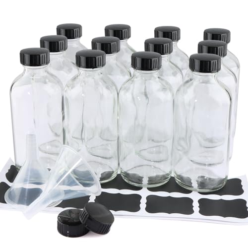 PINIWON 12 Pack 8 oz Clear Glass Bottles, 240ml Boston Round Sample Bottles with Black Poly Cone Caps, Labels and Funnels - color: Clear-12 pack