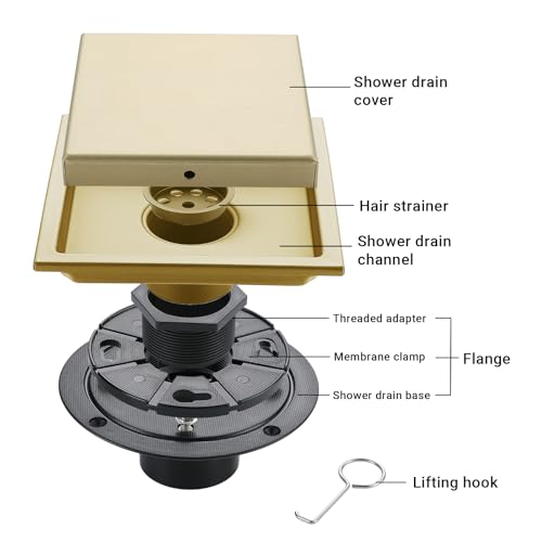 4 Inch Gold Shower Drain, SUS304 Stainless Steel Square Bathroom Floor Drain with Flange Reversible 2-in-1 Cover Insert Tiles for Filtering, Brushed Gold - color: Brushed Gold, size: 4 inch-Reversible