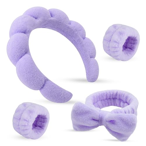 Skincare Headband Washing face Wristband Set, Purple | Soft absorbent fabric, snug head-hugging fit for face washing, skincare, makeup, masks, travel, women and teen girls - color: Purple