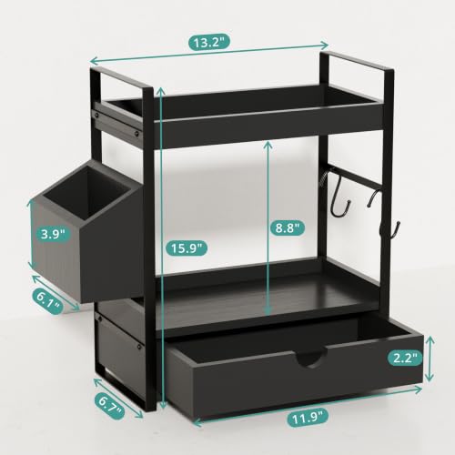 Kottwca 2-Tier Bathroom Counter Organizer with Drawer, Basket & Hooks, Wooden Vanity Shelf for Skincare, Perfume & Makeup Storage(Black) - color: Black