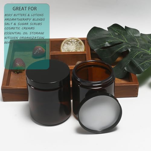 8oz Glass Jars with Lids, 2 pack Jars Amber 250g Empty Round Cosmetic Containers for Sample, Powder,Body Butter,Cream, Lotion, Spice