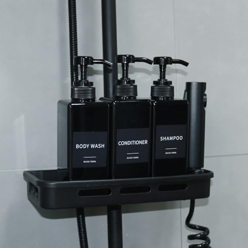 Shampoo and Conditioner Dispenser, Refillable Plastic Shampoo Pump Bottles with Waterproof Labels, Empty Body Wash Dispenser Set for Bathroom, Shower Soap Bottles (Black, Set of 3, 16.9oz) - color: Black