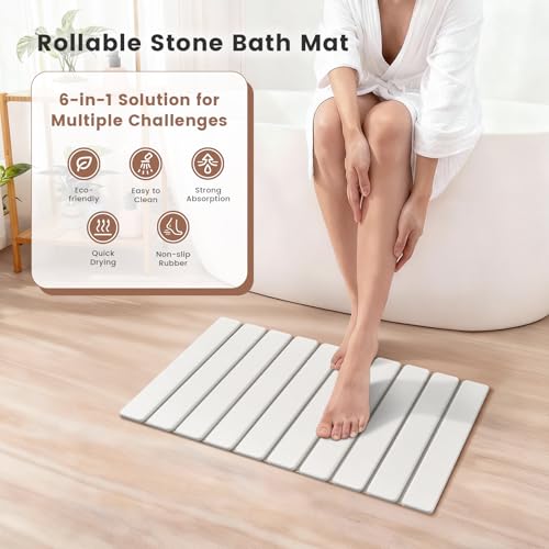 Super Anti-Slip Strong Absorbent Diatomite Pad, Stone Bath Mat 23.6 x 15.5 inches Quick-Dry Pad, Foldable and Easy to Store Bathroom Stone Bath Mat, Suitable for Bathroom, Easy to Clean - color: White