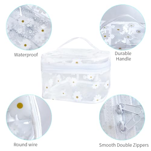 Clear White Flower Cosmetic Bag and Travel Pouch with Handle 8.66 * 5.51 * 5.51inch-Durable PVC Material,Versatile,Zipper Design for Smooth Sliding-Ideal for Makeup,Travel Essentials - color: White Flower#1
