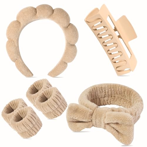 7 Pcs Spa Set, Facial Headband and Wristband Set, Skincare Accessories, College Style Girl Idea Gifts, Hair Accessories for Women and Girls（Brown） - color: Brown