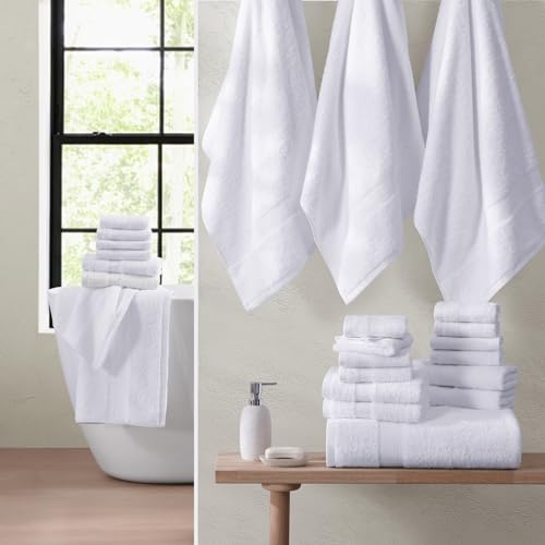LANE LINEN Cotton Bath Towel Set 18 Piece - Super Soft, Absorbent & Quick Dry - 4 Bath, 8 Washcloths, 6 Hand Towels for Bathroom - Hotel Quality Turkish Towels, Ideal for Spa, Gym & Travel - White - color: 02: White, size: 18 Piece Towel Set