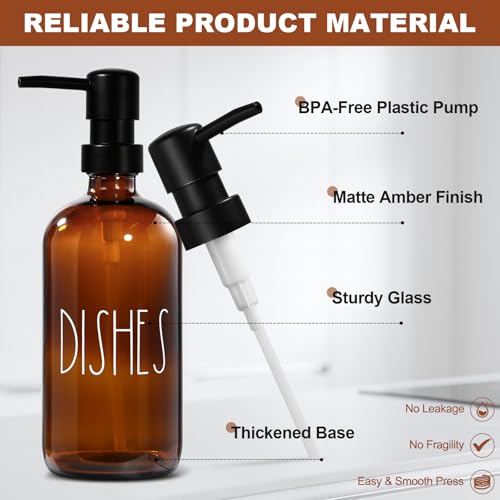 Hand and Dish Soap Dispenser Set, Kitchen Soap Dispenser Set with Sponge Holder, 16.9oz Amber Glass Dispenser, Waterproof Labels, Instant Dry Tray|Upgrade for Your Kitchen and Bathroom