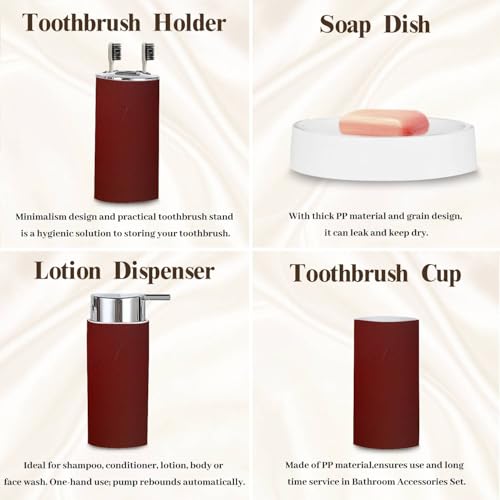 Bathroom Accessory Set 6 Piece Burgundy Acrylic Watercolor Marble Shiny Toothbrush Holder, Toothbrush Cup, Soap Dispenser, Soap Dish, Toilet Brush Holder, Trash can, xoniKYxlaPeIs-6j