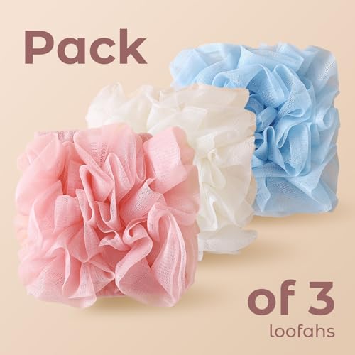 2 in 1 Loofah Sponges 3-Pack Dual-Sided Exfoliating Bath Sponges for Shower & Loofah Washcloth for Bar Soap Premium Body Scrubber with Drawstring for Gentle Skin Smoothing - Blue＆Pink＆Beige - style: Blue＆Pink＆Beige