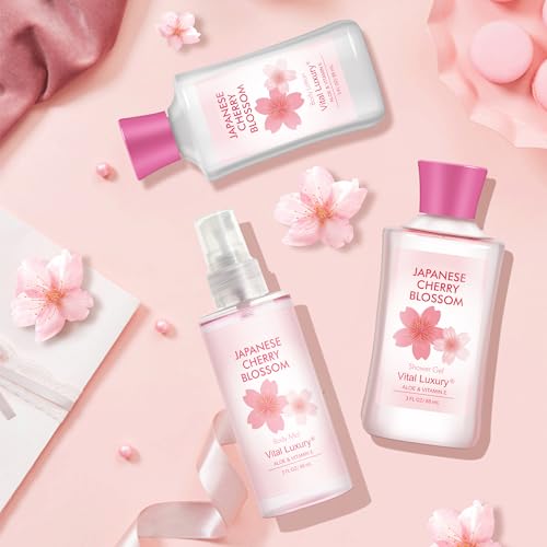 Bath and Body Gift Set, Japanese Cherry Blossom, 3-Piece Travel Size Collection, Shower Gel, Body Lotion, Body Mist, 3 Fl Oz Each, Natural Extracts, Ideal for Birthday, Mother's Day & Christmas Gifts