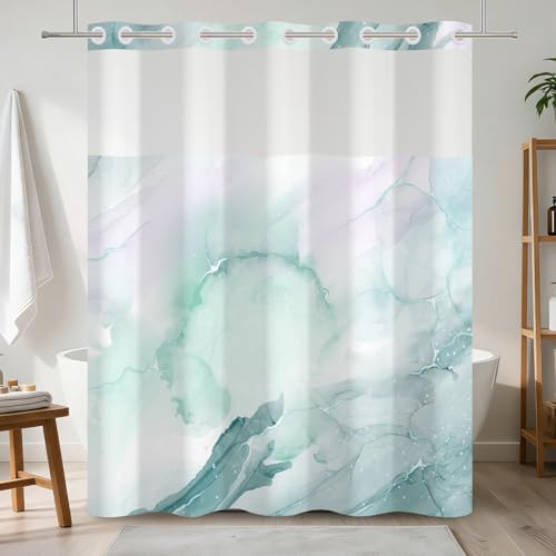 No Hook Marble Shower Curtain with Snap in Liner 71x74 Inch | Mint Green Watercolor Shower Curtains for Modern Bathroom, Mesh Top Window Waterproof Washable Fabric - color: Mint Green Marble
