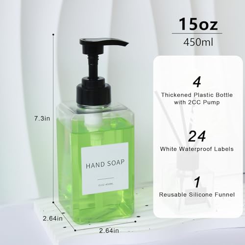 Clear Soap Dispenser with Waterproof Labels, Thickened Plastic Hand Soap Dispenser for Bathroom, Kitchen Dish Washing Liquid Bottles, Shampoo and Conditioner Bottles with Funnel (15oz 4Pack Clear) - color: 15oz 4pack Clear