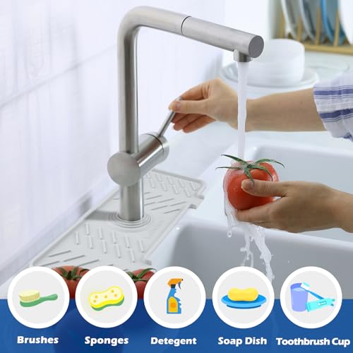 Silicone Faucet Mat for Kitchen Sink – Gen 3 10° Slope Splash Guard with Cuttable Hole – 14” x 5.5” Drip Catcher & Sponge Holder for Kitchen, Bathroom (Gray) - color: Gray, size: 14 in