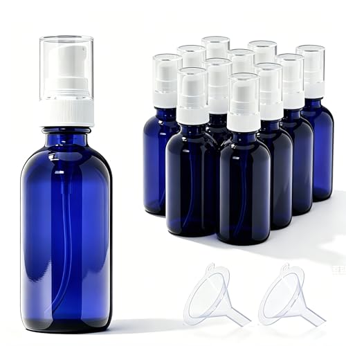 12Pack 2oz Blue Glass Pump Bottles, 60ml with White Pump, Empty Refillable Travel Small Container For Lotion Cream Essentil Oil Shampoo (2oz Blue) - size: 2oz Blue