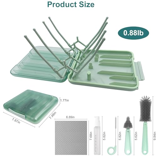 Baby Bottle Brush, 7 in 1 Travel Bottle Cleaner Kit with Silicone Bottle Brush, Nipple Brush, Straw Brush, Soap Dispenser, Bottle Drying Rack, Dishcloths, Portable Essentials for Home and Travel-Green - color: Green