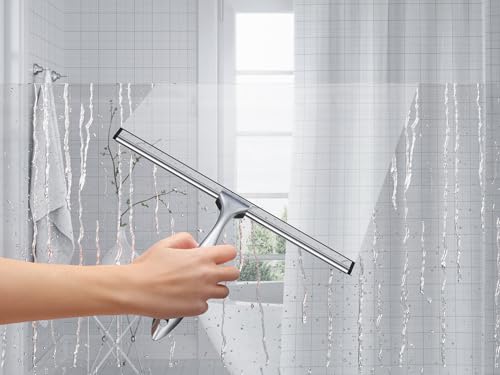12'' Light Weight Stainless Steel Shower Squeegee for Glass Doors with 4 Pieces Set (1 Window Squeegee, 1 Door Hook and 2 Adhesive Hooks) Perfect Cleaning Tool for Car, Window, Bathroom Mirror