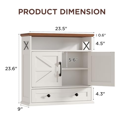 Bathroom Wall Cabinet, 23.6''x23.6'' Farmhouse Wall Mounted Medicine Cabinet with Drawer, 2 Barn Door & Adjustable Shelf, Space Saving Over The Toilet Storage Cabinet for Bathroom, Kitchen, Entryway