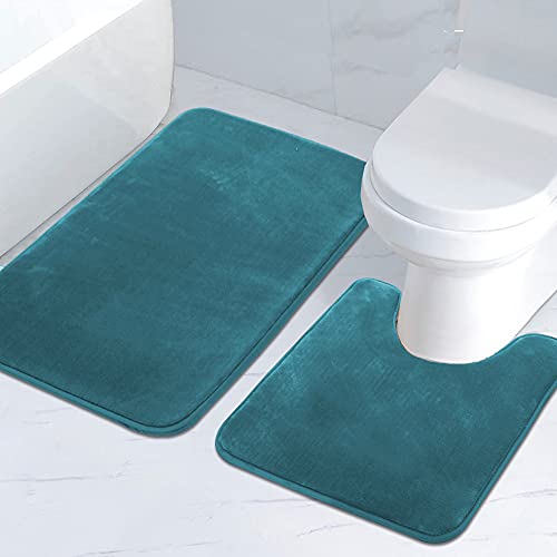H.VERSAILTEX Bath Mat Memory Foam Bathroom Rug Flannel Velvety Luxury Extra Soft and Absorbent Non Slip Rugs for Bathroom/Bedroom (Curved Set 24"x 36" Plus 20"x 24" Dark Teal) - color: Dark Teal, size: 24" x 36" Plus 20" x 24" U