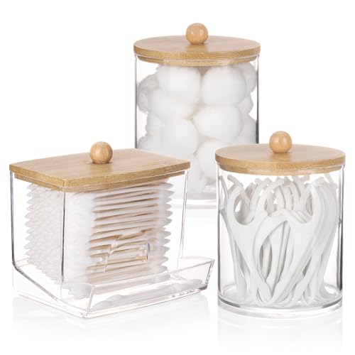 Tbestmax Qtips Dispenser Bathroom Container, 10/12 oz Cotton Ball Holder, Apothecary Jar Organizer for Storage Cotton Swab, Floss Picks (Bamboo Lids) - color: 12oz&10oz Beige