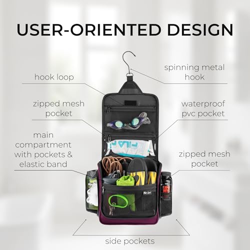Travel Toiletry Bag for Men and Women - (10.6”x10.6”x3.2”) Large Hanging Toiletry Organizer - Waterproof Hygiene Bag with Metal XXL Swivel Hook, with Sturdy Zippers and 19 Compartments for Toiletries - color: L Purple