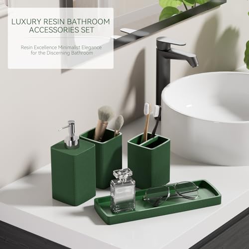 Green Bathroom Set, Dark Green Bathroom Accessories Set with Shower Curtain and No-Slip Bath Rugs, Natural Loofah Sponge, Soap Dispenser, Toothbrush Holder, Bathroom Tumbler and Tray for Bathroom - size: Bath Set+Shower Curtain+Bath Rugs+2PCS Loofah, styl