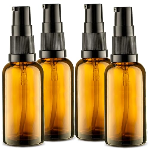 VitalUp Empty Refillable Glass Amber Pump Bottle Ideal for Lotion Cream Essential Oil Travel Small Container - 4Pack (50ml) - size: 4 Pack (50ml)