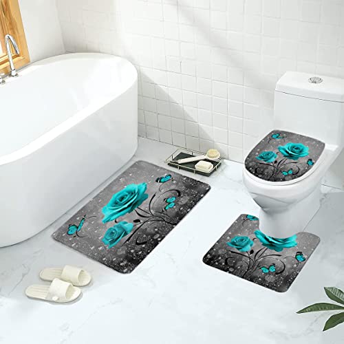 Teal Rose Shower Curtain Set Bathroom Rugs Flower Aqua Bath Mat Non-Slip Soft Toilet Lid Cover Absorbent Bath Rug Kitchen Floor Carpet 60x72 Inch - color: Teal