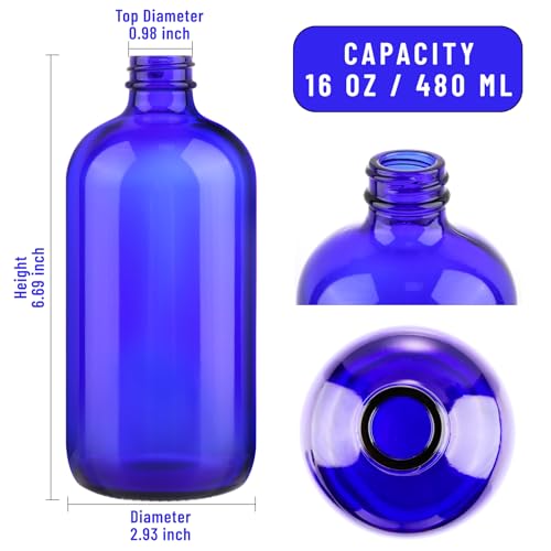 PINIWON 12 Pack 16 oz Cobalt Blue Glass Bottles, Boston Round Sample Bottles with Black Poly Cone Caps, Labels and Funnels - color: Cobalt Blue